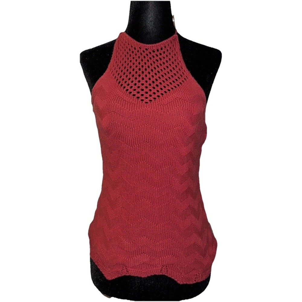 Candie’s XS Reddish Orange Knit Halter Decorative Mesh Panel Top